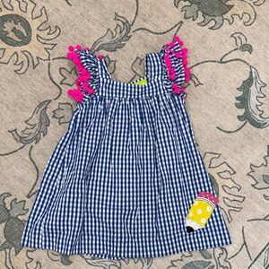 Classic Whimsy Blue Checkered Girls Dress Pink Pompoms Pencil Embroidered